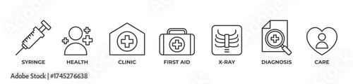The Journey of Health and Care Icons set vector illustration with outline Syringe, Health, Clinic, First aid, X ray,  Diagnosis, Care