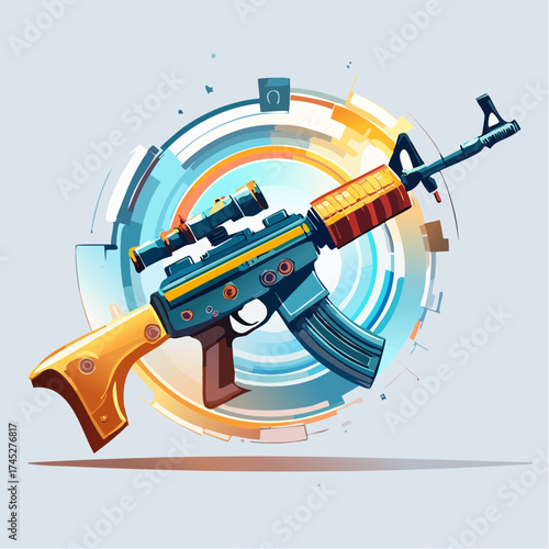 stylized rifle with scope and futuristic circular background
