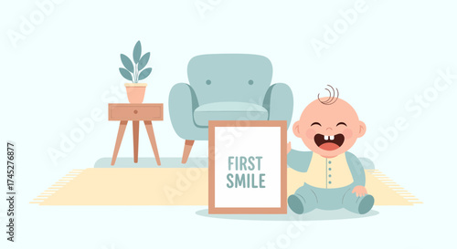 Adorable Baby Displaying First Smile In Cozy Interior Scene Illustration