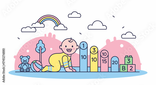 Adorable Baby Crawling With Colorful Blocks And Rainbow Background
