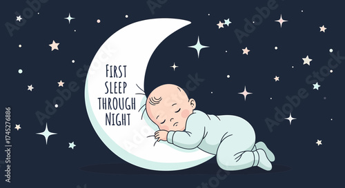 Adorable Baby Sleeping On Crescent Moon In Starry Night Sky