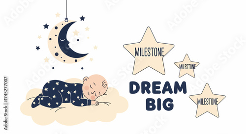 Baby Sleeping On A Cloud With Moon And Stars Illustration Vector