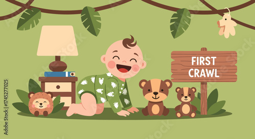 Baby's First Crawl Milestone Celebration with Cute Plush Toys