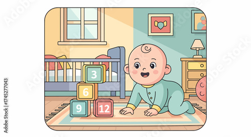 Cartoon Baby Crawling In Nursery Playing With Number Blocks