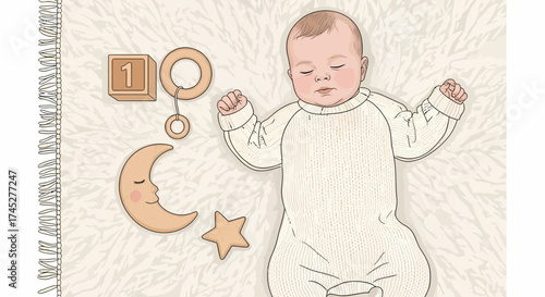 Dreaming Infant Surrounded By Adorable Nursery Toys In Cartoon Style