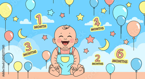 Happy Baby Milestone Illustration With Balloons And Stars Cartoon Style