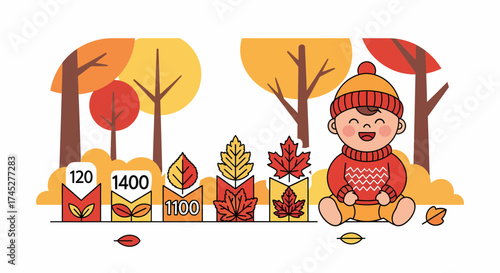 Joyful Autumnal Illustration With A Child Surrounded By Colorful Leaves