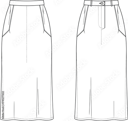 Front and back technical flat sketch of straight midi skirt with waistband, pockets, back slit, button closure, sewing outline vector