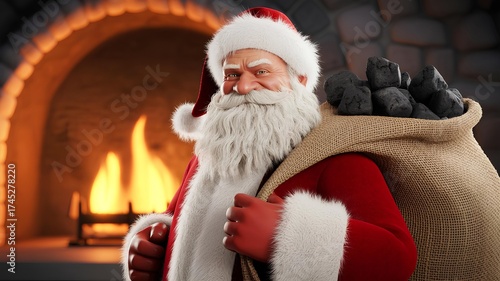 Santa with Bad Expression Carrying Coal Sack near a Fireplace during Christmas