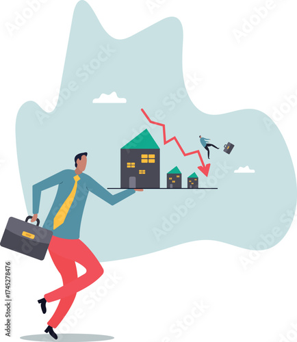 Housing price falling down, real estate and property crash, value drop or decline, home loan or mortgage risk.about a man and his life.
