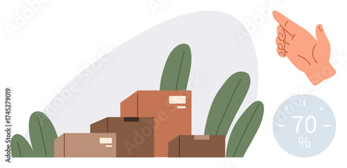 Stacked delivery boxes surrounded by green leaves and a gesturing hand pointing to a 70 discount circle. Ideal for delivery, shipping, logistics, e-commerce, discounts, promotions, and business