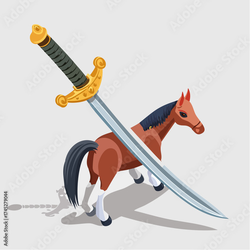 Sword piercing a brown horse