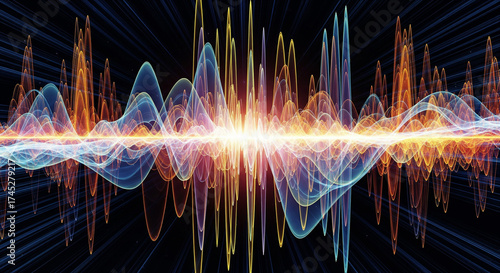 Abstract visualization of sound waves radiating outwards, with vibrant colors and energy.