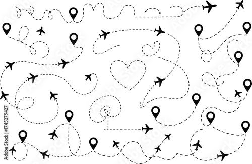 Airplane flight path icons, travel route, location pin, dashed line, navigation, heart shape, vector set, black and white, minimal style, aviation concept
