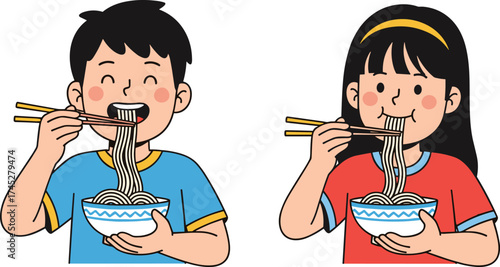 Cartoon kids eating noodles, chopsticks in hand, Asian food scene, happy expressions, cultural meal, boy and girl, cad drawing flat vector illustration