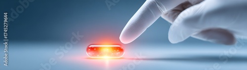 Biotech Innovation Drug Discovery A gloved hand touches a glowing capsule on a smooth surface, emphasizing technology in healthcare.