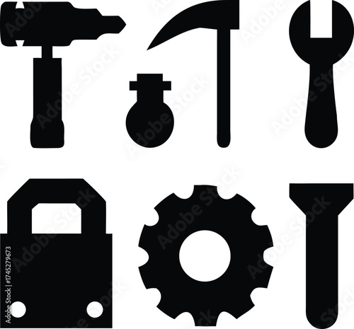 Black silhouette of various tools