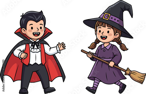 Cartoon kids in Halloween costumes, vampire and witch characters, festive dress up, broomstick, spooky fun, celebration, cad drawing flat vector illustration