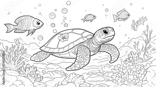 Outlined turtle swimming under water among fish, coral, and bubbles, for coloring