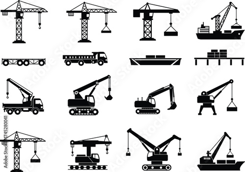 Construction and industrial icon set, crane, excavator, cargo ship, dock, flatbed, dump truck, silhouette style, black and white, vector illustration, logistics