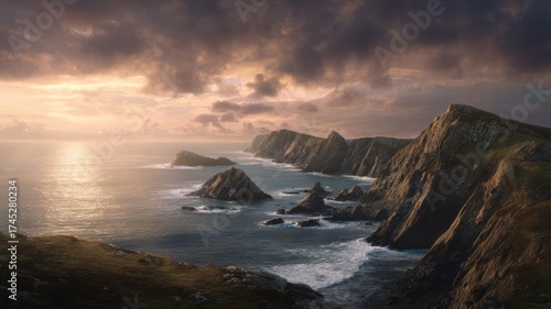Dramatic coastal sunset over rocky shoreline. AI image