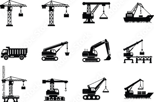 Construction and industrial icon set, crane, excavator, dump truck, cargo ship, gantry crane, silhouette style, black and white, vector illustration, heavy machinery