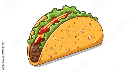 Taco Delight: A single, mouthwatering taco with a perfectly golden, crispy shell, filled with savory seasoned ground meat, fresh crisp lettuce, and a drizzle of vibrant red salsa, is presented