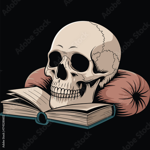Reading Books Vector, Skeleton Head with Open Book, Vintage Knowledge and Wisdom Illustration