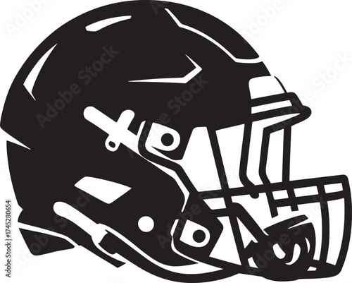 Black and white illustration of an American football helmet Keywords: football helmet, american