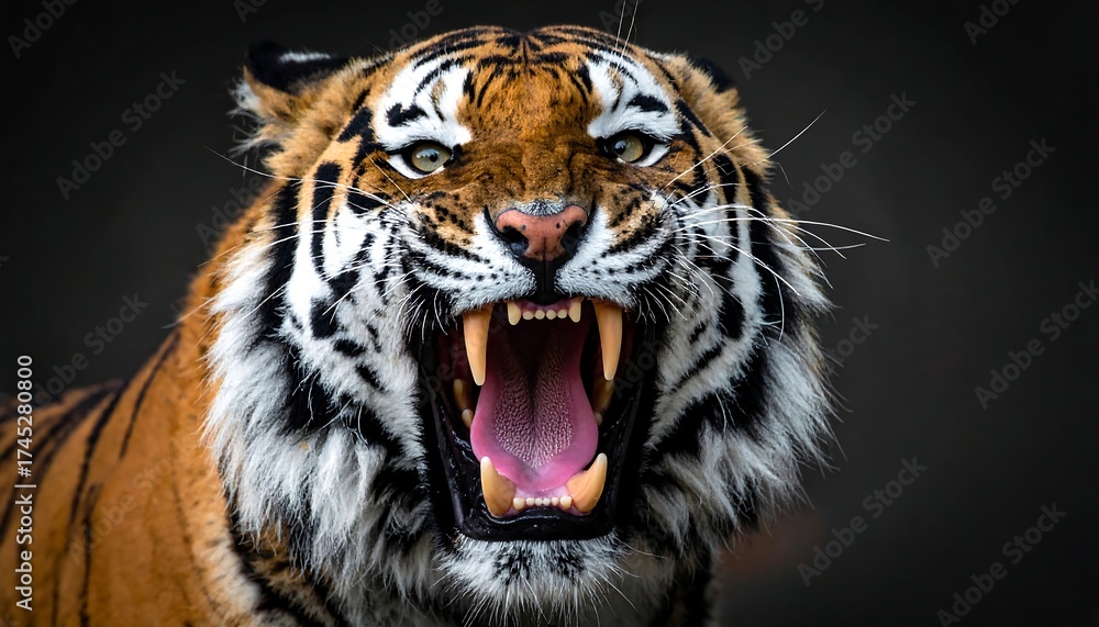 Fototapeta premium Roaring tiger with open jaws and teeth