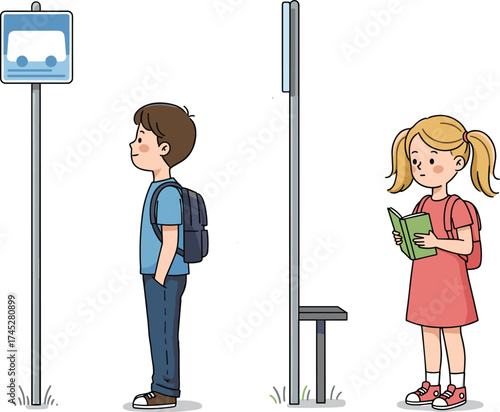 Children at bus stop, cartoon vector illustration, school routine, waiting moment, cheerful kids, transportation scene, flat design, cad drawing flat vector illustration