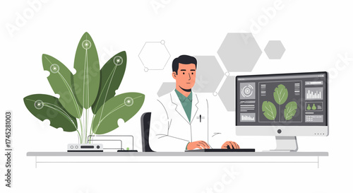 Botanical Analysis Scientist Using Computer To Analyze Plant Data
