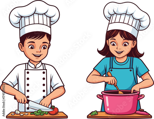 Children cartoon cooking scene, boy slicing vegetables, girl stirring pot, chef outfit, teamwork, kitchen activity, healthy food, flat vector illustration