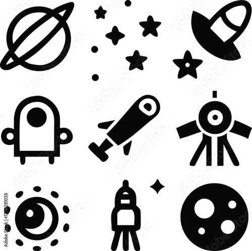 Space exploration icons, featuring planets, rockets, and more