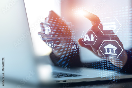 Business and AI technology concept with hands on keyboard and futuristic icons overlay.