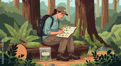 Botanist Studying Plant Life In A Forest Expedition With Leaf Samples