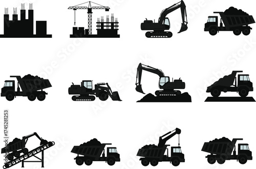 Construction vehicle icon set, dump truck, excavator, conveyor system, industrial building, crane, black and white, vector illustration, heavy machinery, infrastructure, material transport