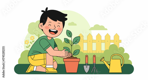 Boy Planting Seedling In The Garden With Watering Can And Tools