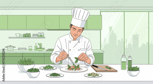 Chef Carefully Arranging Basil Leaves on a Dish in a Modern Kitchen