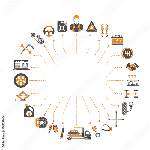 Automotive Circle Diagram: A circular graphic showcases a variety of automotive tools and elements, all arranged meticulously to represent the world of auto repair and service.