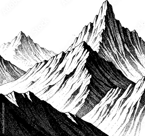 Echoes of the peaks. Vintage illustration of snowy range of hills, mounted landscape. Retro halftone vector sketch. EPS version.