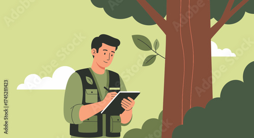 Forester Inspecting Tree In Forest With Notepad And Pen