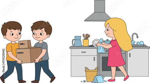Children doing chores, cartoon vector illustration, teamwork activity, dishwashing scene, household responsibility, cheerful kids, flat design, colorful moment, cad drawing flat vector illustration