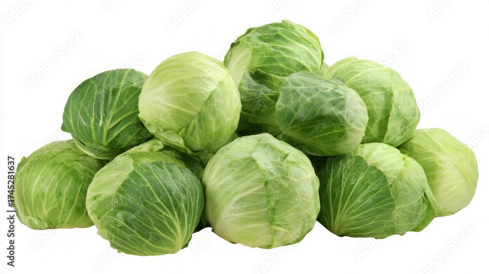 Fototapeta premium Vibrant green cabbages on white background. AI image