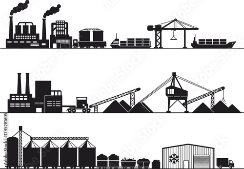 Industrial logistics silhouette set, factory, cargo ship, mining site, conveyor system, agricultural silo, dump truck, black and white, vector illustration, infrastructure, supply chain