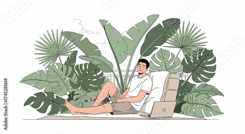 Man Relaxing At Home Surrounded By Exotic Tropical Plants