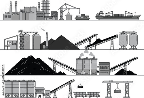 Industrial infrastructure illustration set, factory, cargo ship, conveyor belt, rail car, gantry crane, black and white, vector graphic, logistics, material handling, production