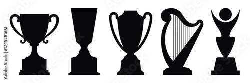 Collection of trophies and harp silhouette isolated on white background