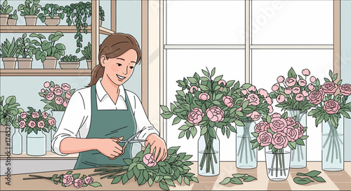 Woman Arranging Pretty Pink Floral Bouquets In A Bright Room