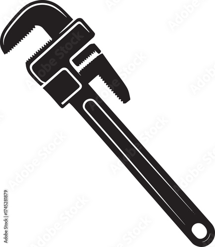 Black silhouette of pipe wrench on white background Keywords: pipe wrench, tool, hand tool, hardware